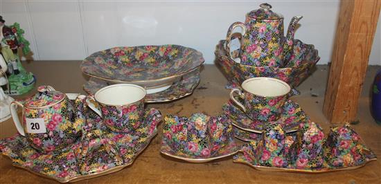 Royal Winton black glazed chintz hazel batchelor set, cruel trios dish, bowl, coffee pot etc, 19 items